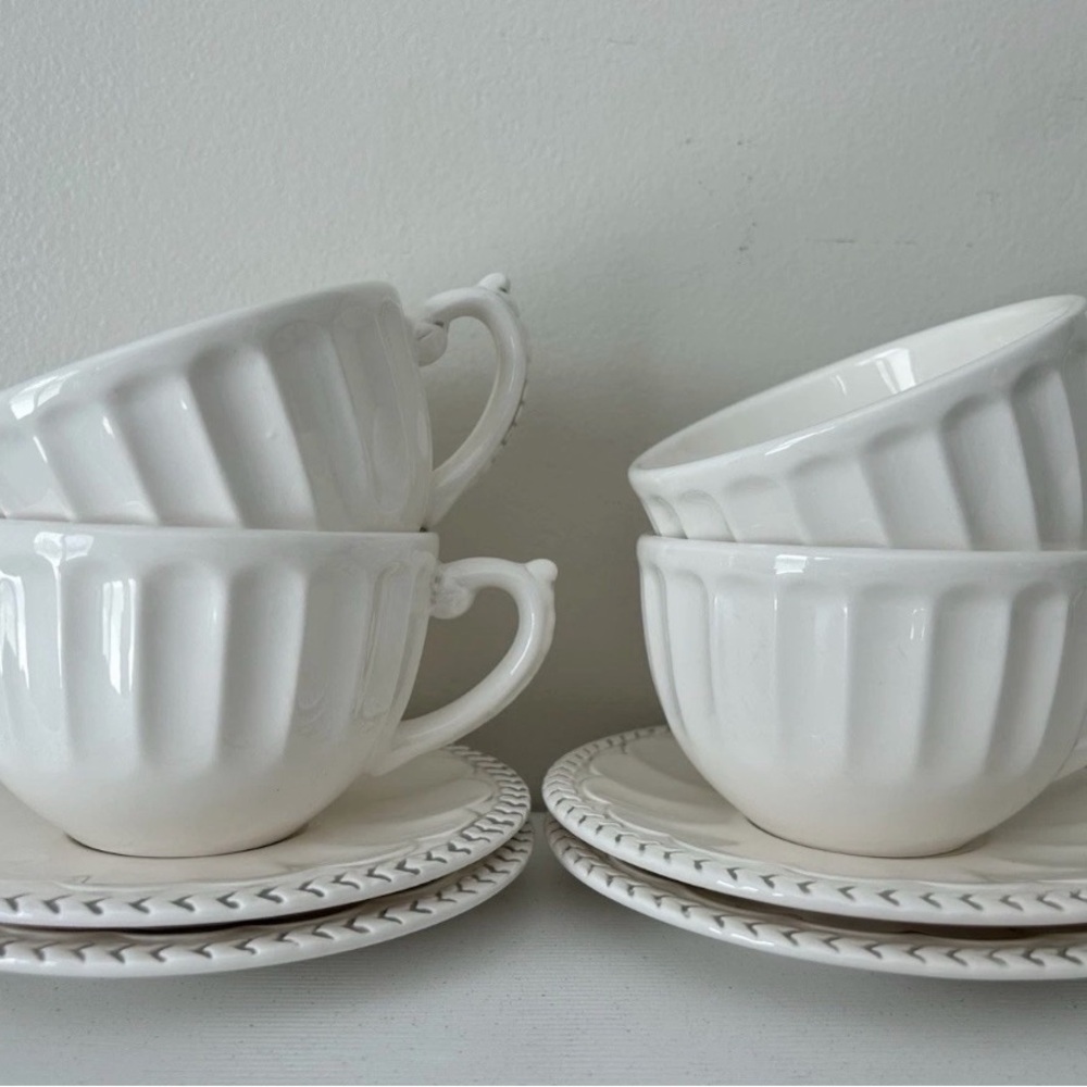 American Atelier Athena White Ironstone Mugs W/Saucers 5166- Set of 4 - Picture 3 of 11